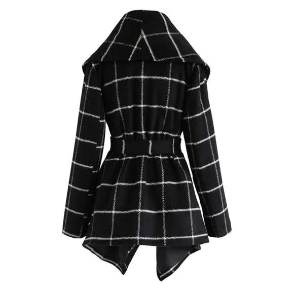 Chicwish Shawl Collar Black w/ White Grid Asymmetric Hem Wool Blend Coat Small - Picture 11 of 11
